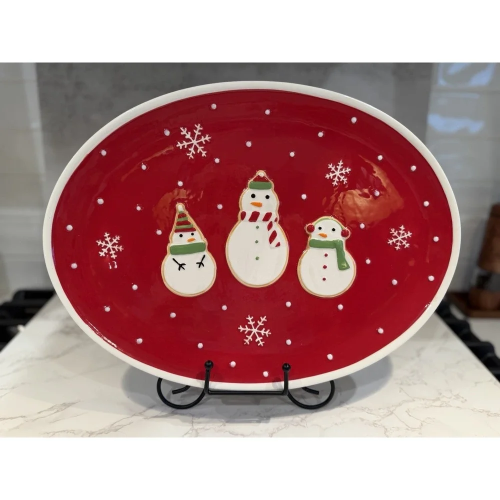 Hallmark Christmas Snowman Oval Serving Platter Red Ceramic Holiday